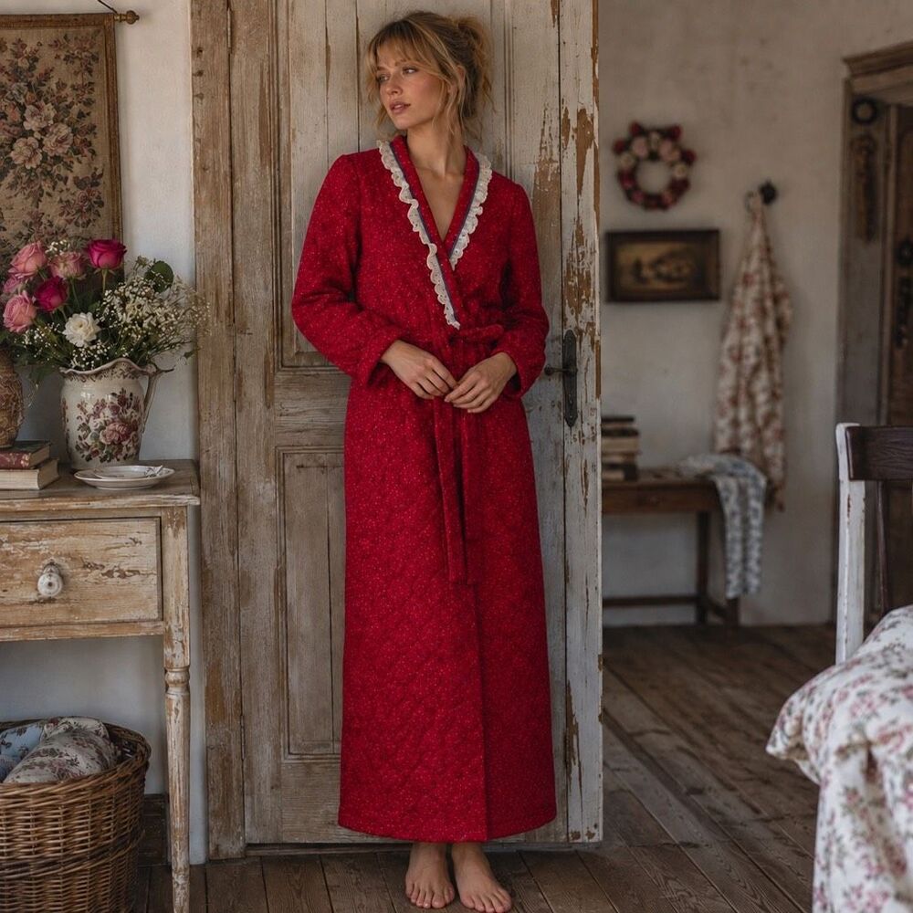 Vintage 70s Jennifer Dale Red Quilted Floral Housecoat Robe Size 9